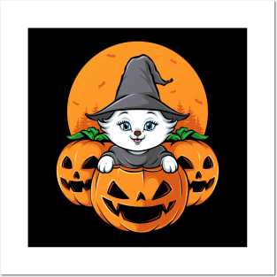 pumpkins head with cute cat halloween Posters and Art